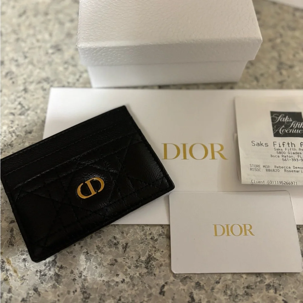 Dior Quilted Black Card Holder with Gold Logo